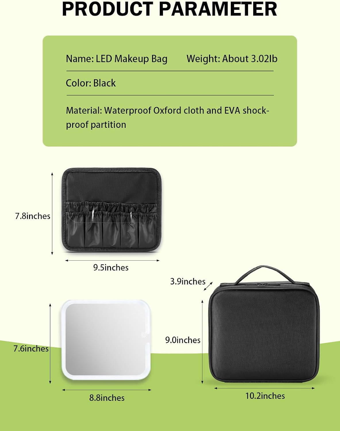 Travel Makeup Bag with Lighted Mirror,Makeup Train Case with Adjustable Dividers and 3 Light Modes,Oxford Fabric,Black