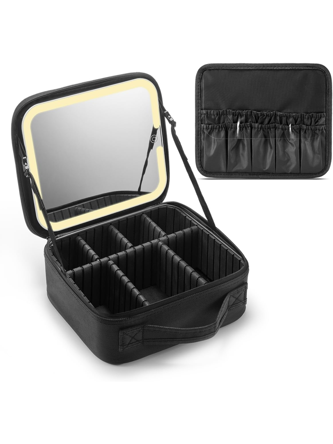 Travel Makeup Bag with Lighted Mirror,Makeup Train Case with Adjustable Dividers and 3 Light Modes,Oxford Fabric,Black