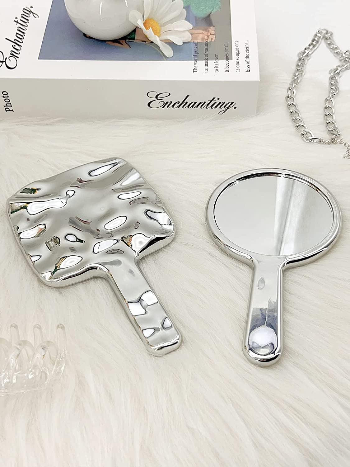 MIRRORNOVA Handheld Mirror, Water Ripples Hand Mirror with Handle for Make up, Square, Silver, Medium