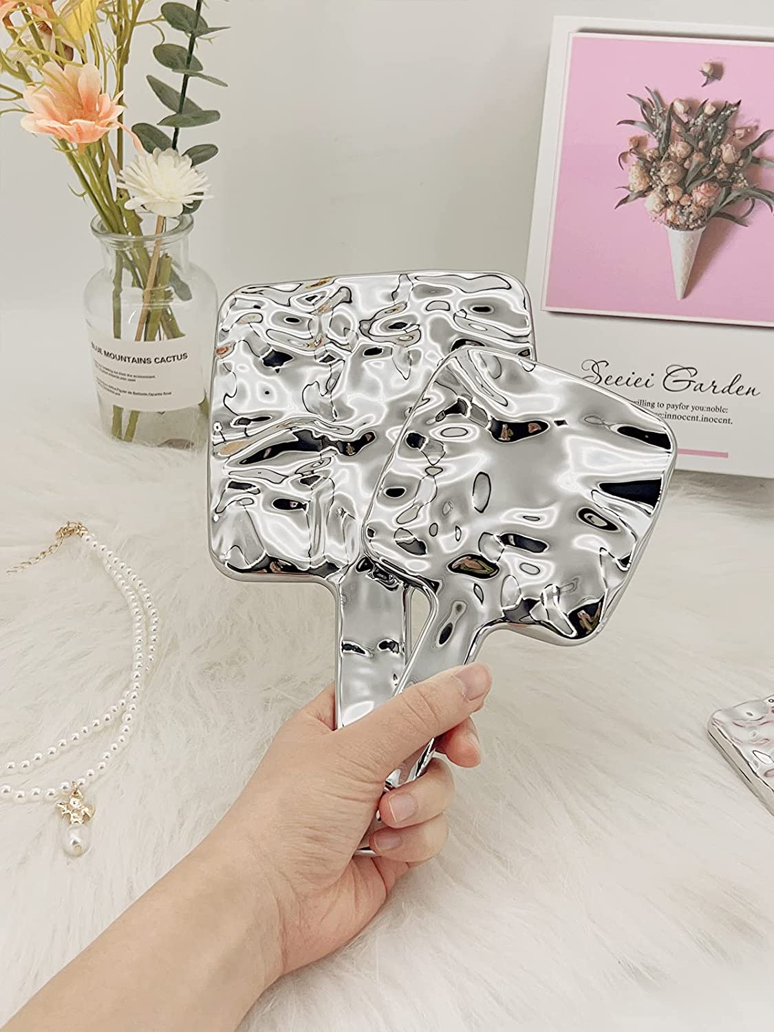 MIRRORNOVA Handheld Mirror, Water Ripples Hand Mirror with Handle for Make up, Square, Silver, Medium