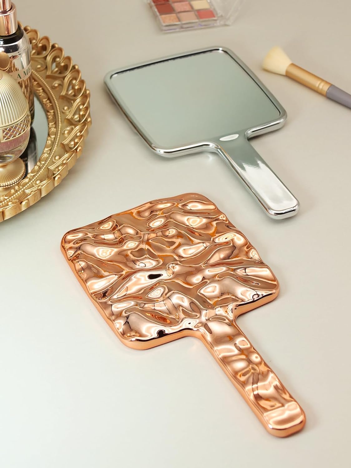 Handheld Mirror, Water Ripples Hand Mirror with Handle for Makeup, Square, Rose Gold, Small (4 x 7 inches)