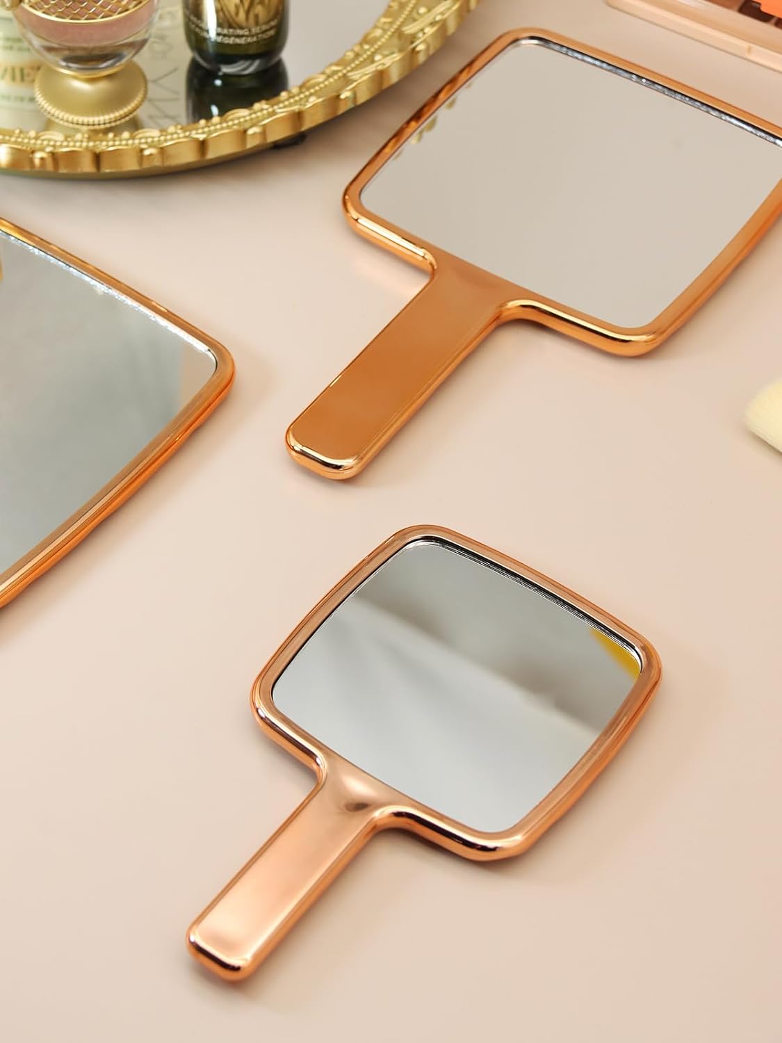 Handheld Mirror, Water Ripples Hand Mirror with Handle for Makeup, Square, Rose Gold, Small (4 x 7 inches)