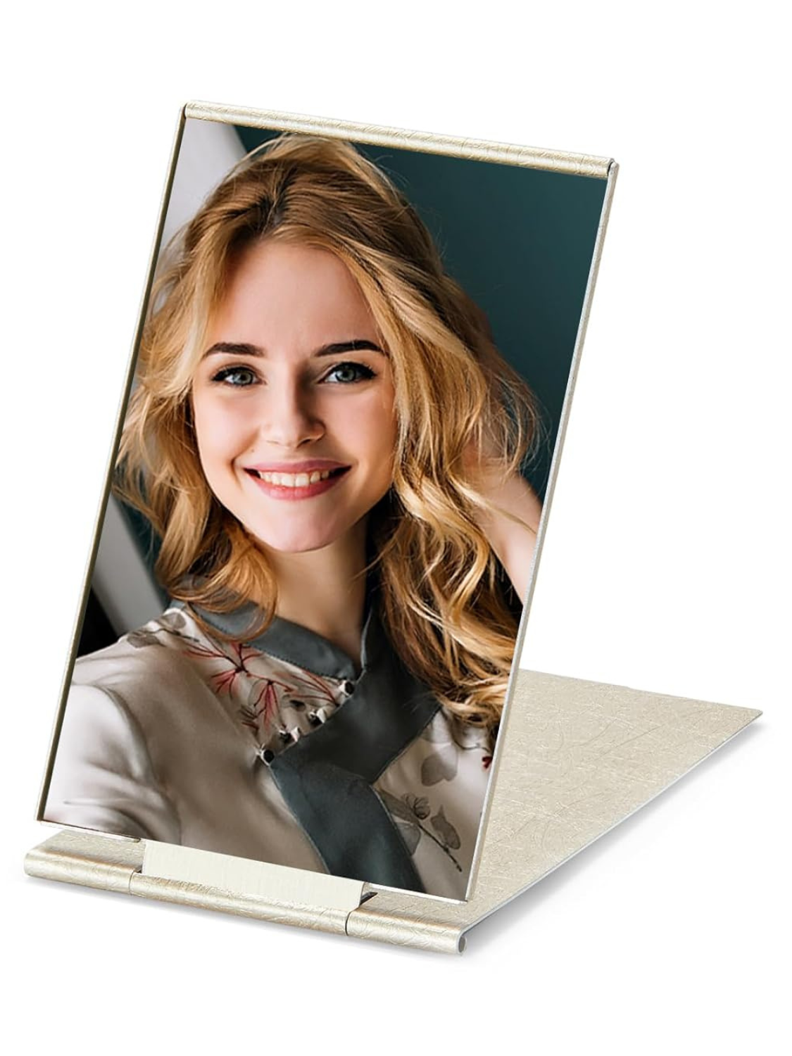 Portable Folding Mirror, Ultra-Slim Durable Makeup Tabletop Mirror for Travel with Aluminum Shell, Gold, Mini Size, 3.3''