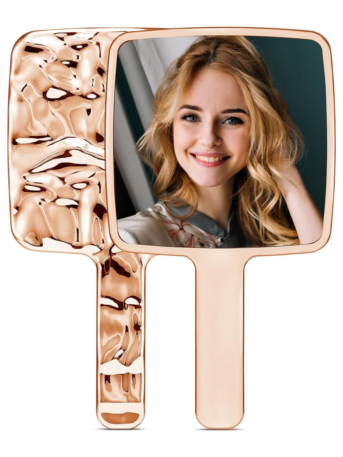 Handheld Mirror, Water Ripples Hand Mirror with Handle for Makeup, Square, Rose Gold, Small (4 x 7 inches)