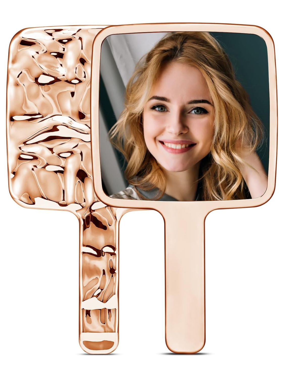 Handheld Mirror, Water Ripples Hand Mirror with Handle for Makeup, Square, Rose Gold, Small (4 x 7 inches)