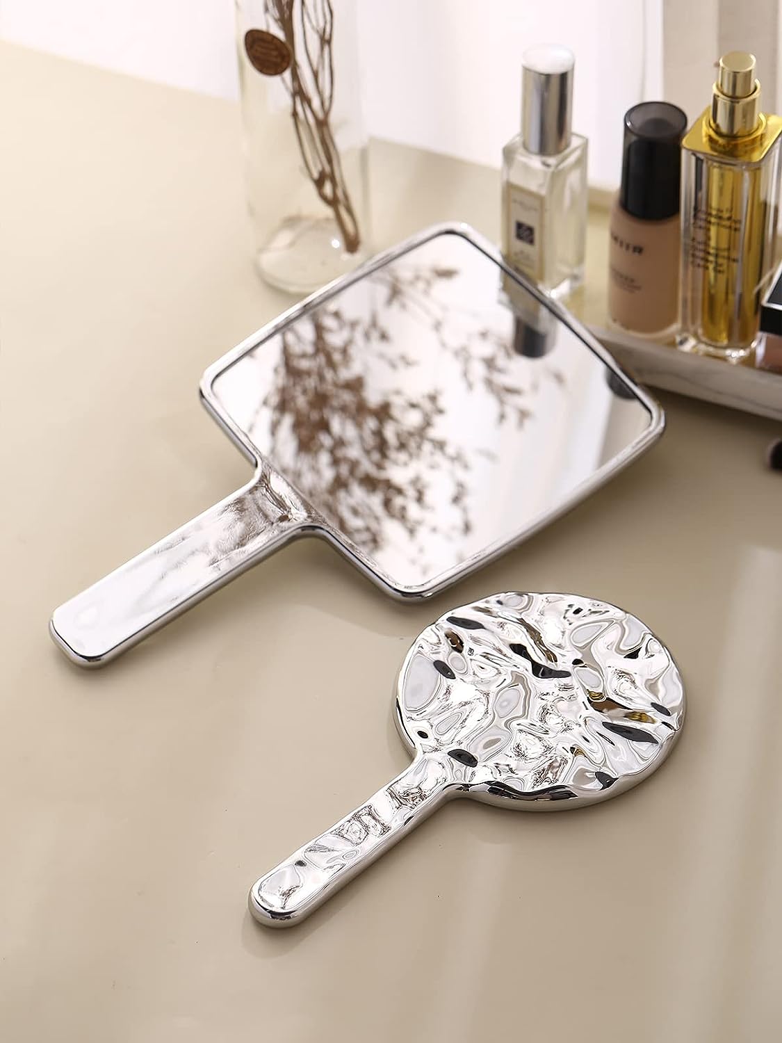 MIRRORNOVA Handheld Mirror, Water Ripples Hand Mirror with Handle for Make up, Round, Silver, Medium