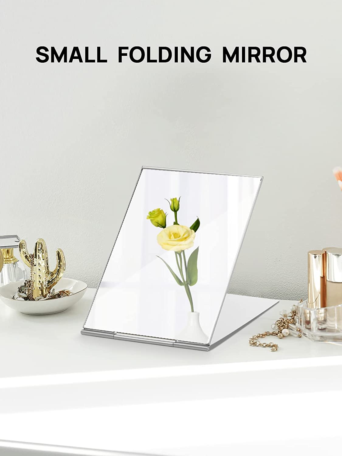 Portable Folding Mirror, Ultra-Slim Durable Makeup Tabletop Mirror for Travel with Aluminum Shell, Large Size 6"