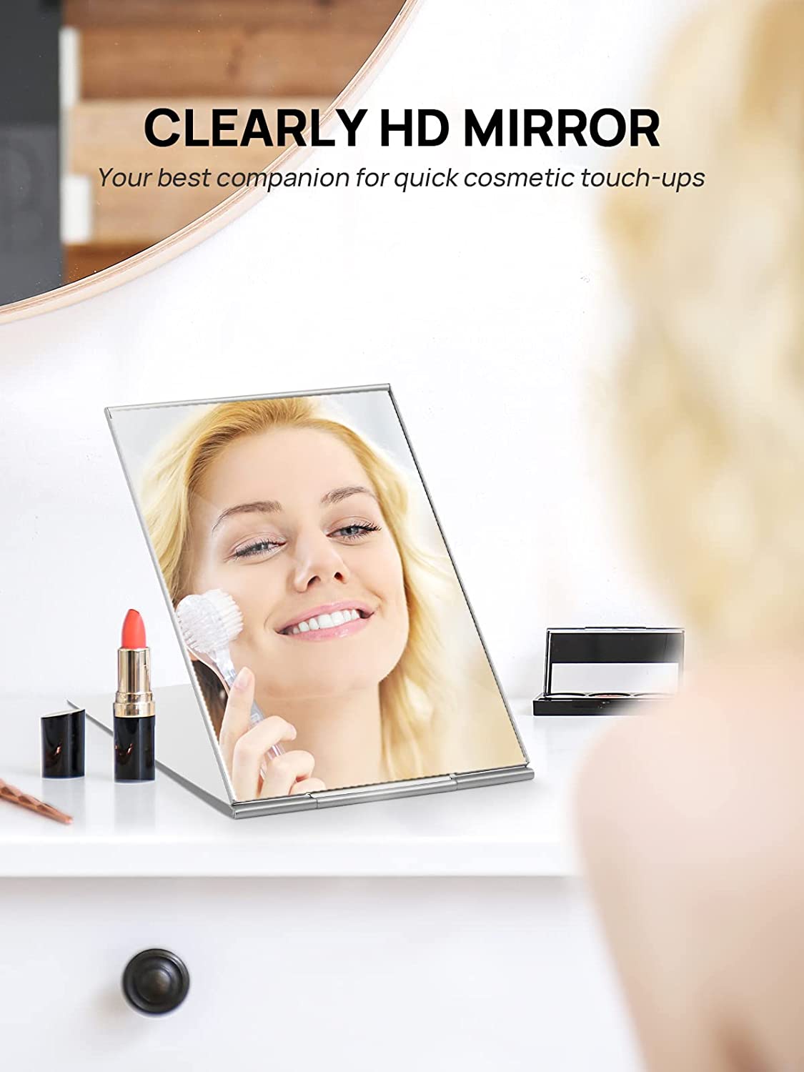 Portable Folding Mirror, Ultra-Slim Durable Makeup Tabletop Mirror for Travel with Aluminum Shell, Large Size 7"