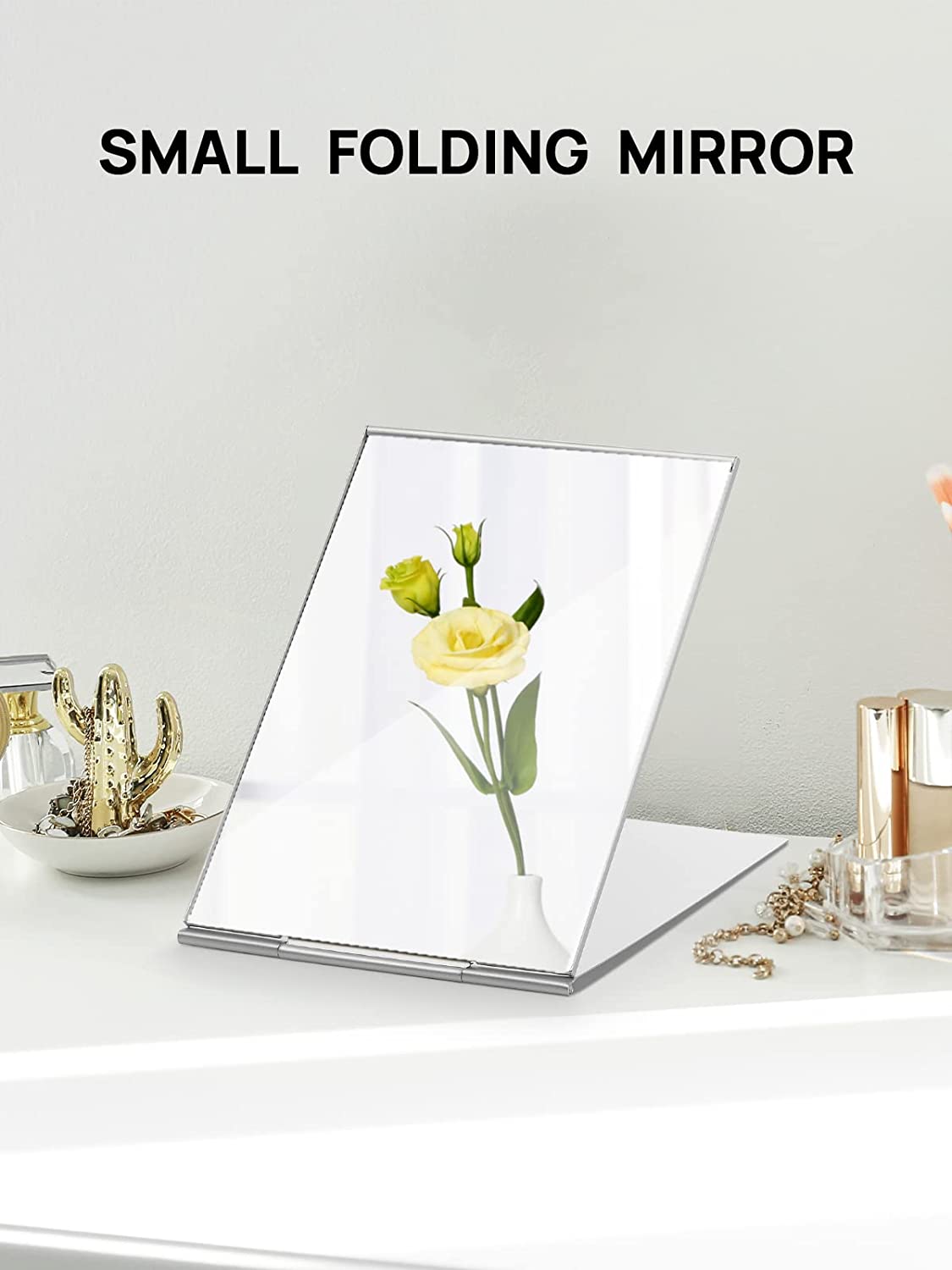 Portable Folding Mirror, Ultra-Slim Durable Makeup Tabletop Mirror for Travel with Aluminum Shell, Large Size 7"