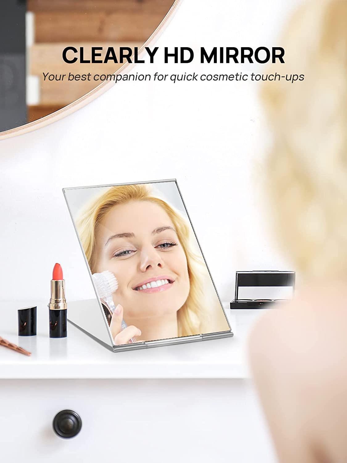 Portable Folding Mirror, Ultra-Slim Durable Makeup Tabletop Mirror for Travel with Aluminum Shell, Large Size 6"