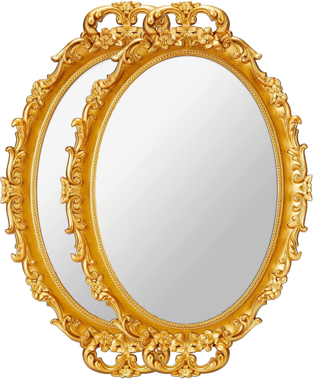 MIRRORNOVA Decorative Wall Mirror, Vintage Hanging Mirrors for Bedroom Living-Room Dresser Decor, Oval Antique Gold 9.6" W x 14.3" L, Pack of 2