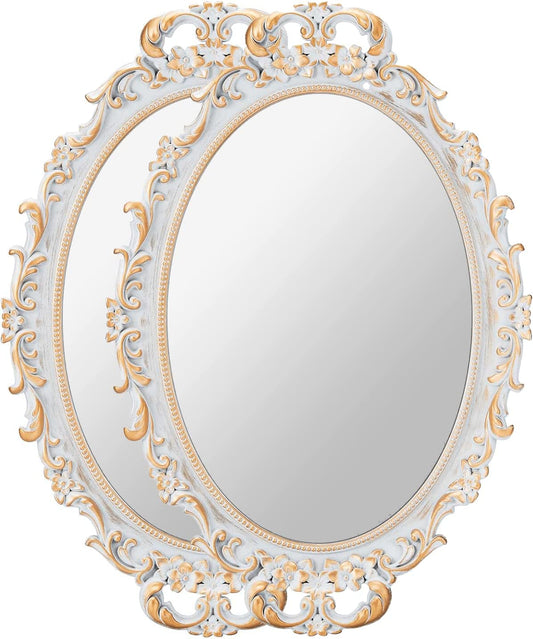 MIRRORNOVA Decorative Wall Mirror, Vintage Hanging Mirrors for Bedroom Living-Room Dresser Decor, Oval Antique Golden Gray 9.6" W x 14.3" L, Pack of 2