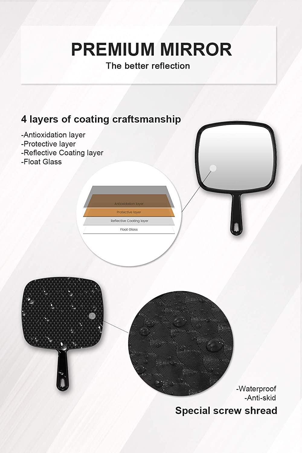 MIRRORNOVA Hand Mirror, Barber Hairdressing Handheld Mirror with Handle for Salon, Square, Black, Medium