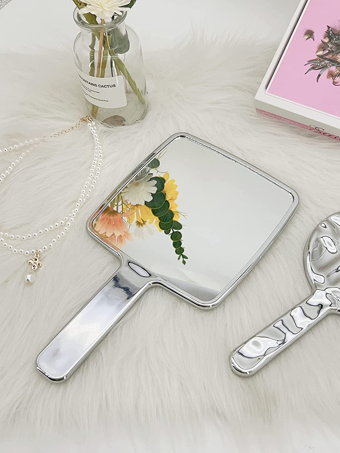 MIRRORNOVA Handheld Mirror, Water Ripples Hand Mirror with Handle for Make up, Square, Silver, Small