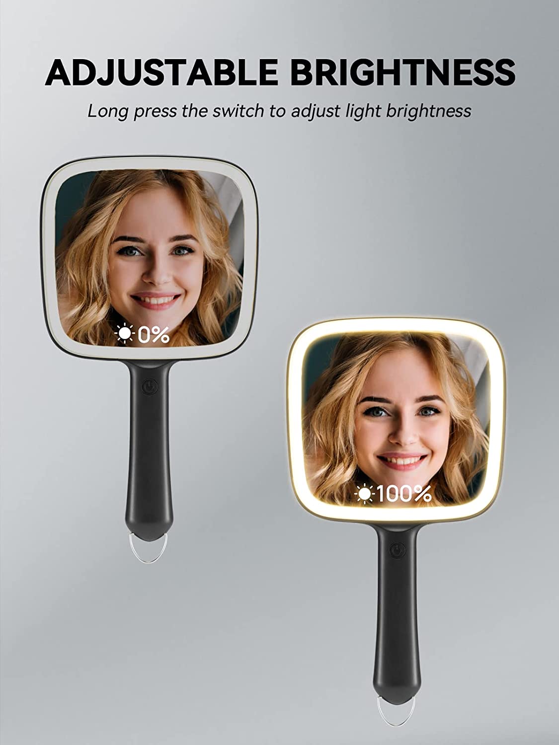 MIRRORNOVA Hand Mirror with Light, 3 Adjustable Lights Make-up Mirror with Handle, Square, Black, 6.2 x 11 x 0.5 inch